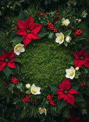 Christmas floral wreath frame with poinsettia, holly berries and Christmas rose flowers, top view natural holiday background with copy space
