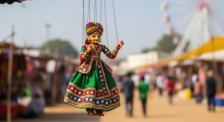Traditional Indian Puppet Display at Cultural Fair with Colorful Patterns and Details