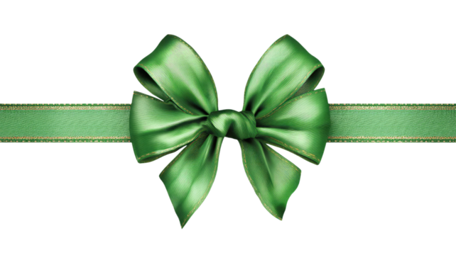 Green satin silk ribbon bow isolated on white background for Christmas holiday gift decoration or birthday celebration present box design element