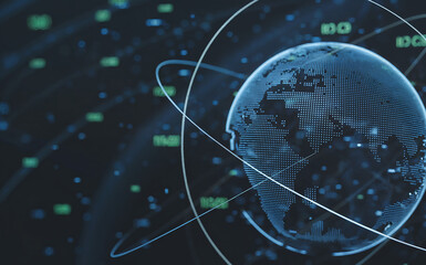 Digital representation of the earth with glowing continents and orbital paths, illustrating global connectivity, technology, and the digital world