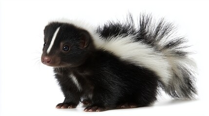 Fototapeta premium Young skunk stands on a white background showcasing its fluffy tail and striped fur pattern