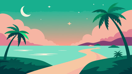 Tranquil tropical beach at twilight with palm trees and a crescent moon