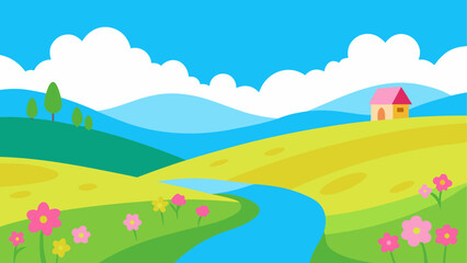 Fototapeta premium Vibrant cartoon landscape with rolling hills a winding river and a small house