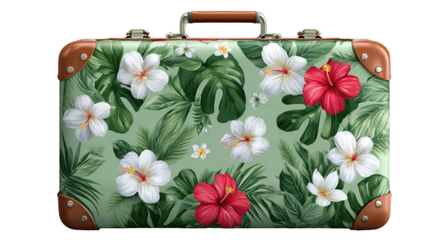 Green bag and suitcase filled with colorful spring flower arrangements and bouquets blooming with purple, pink, and yellow petals in a summer garden setting