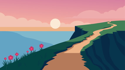 Naklejka premium Coastal path winds along a cliff overlooking the ocean at sunset with flowers