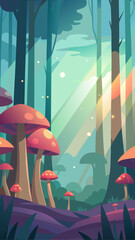 Naklejka premium Enchanting forest with giant mushrooms and magical sunbeams