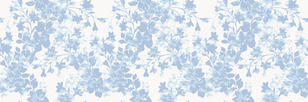 Elegant seamless vector floral pattern with soft blue flowers and leaves on a light background. Delicate botanical design for textiles, wallpapers, and romantic decor