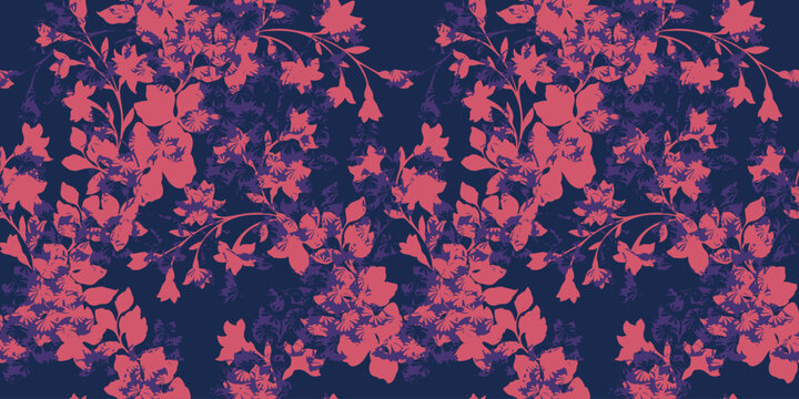Seamless vector floral pattern with vivid pink and purple flowers on a dark navy background. Bold botanical design for fabric, wallpaper, fashion, and modern decor