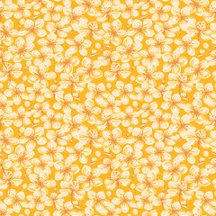 Seamless vector floral pattern with soft white blossoms and orange centers on a warm yellow background. Elegant spring botanical design for fabric, wrapping, and surface prints