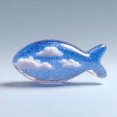 Glass fish sculpture with blue sky and white cloud pattern, sparkling details, and smooth surface, evokes dreamy and whimsical feeling, perfect for modern home decor