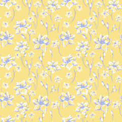 Elegant seamless floral vector pattern with hand drawn lilies and buds in soft blue and white on a warm yellow background. Ornament for fabric, wallpaper, stationery, and decor