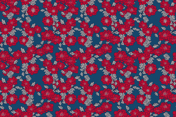 Seamless vector floral pattern with red peony blossoms and gray leaves on a deep blue background. Elegant vintage design for fabric, wallpaper, and stationery