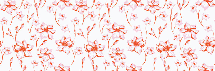 Seamless vector floral pattern with hand drawn red and white flowers on a light background. Elegant botanical design for fabric, wrapping paper, wallpaper,  fashion
