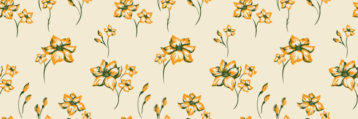 Elegant vintage floral seamless pattern with yellow hand drawn flowers and green leaves on a light beige background. Designs summer for fabric, wallpaper, wrapping paper, and decor