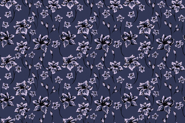 Elegant seamless floral vector pattern with hand drawn flowers in black and soft lavender on a deep navy background. Delicate botanical elements create a sophisticated and timeless design