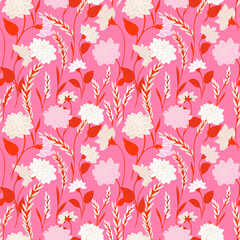 Chic modern seamless vector pattern with cream and blush pink blooms, red stems, grain details on vivid pink. Template for textiles, wallpaper, gift wrap and packaging