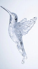 Ice hummingbird frozen sculpture delicate transparent bird detailed wings clear texture isolated on white cold winter creative art elegant design