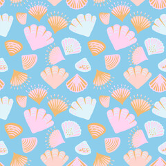 Seamless vector pattern with pastel seashells on a bright blue background. Playful marine design perfect for summer products, kids textiles, beach decor, wrapping paper, and swimwear