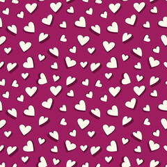 Seamless vector pattern with white hearts and soft shadows on a deep magenta background. Romantic and playful design perfect for Valentines Day, wrapping paper, and love decor