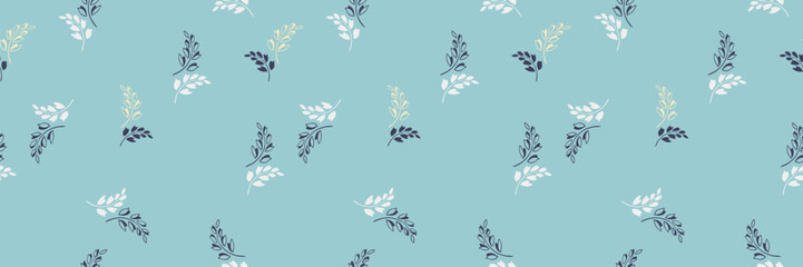Seamless vector botanical pattern with delicate leaf branches in navy, white, and pale yellow on a light blue background. Minimal elegant design for fabric, wallpaper, or packaging