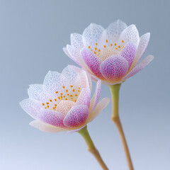 Delicate pink lotus flowers with translucent petals and yellow stamens, standing on long stems, evoke sense of tranquility and elegance against soft blue background