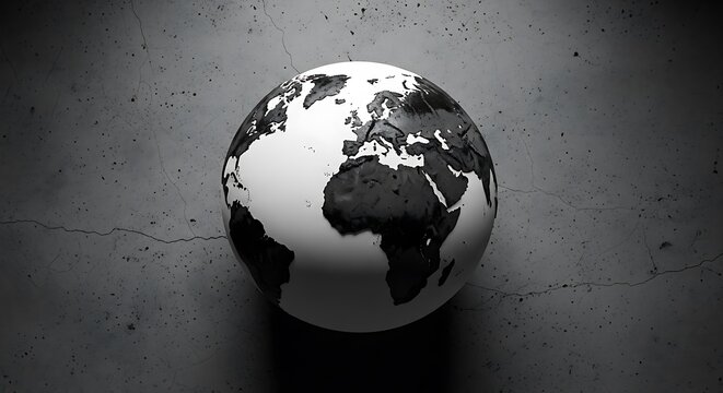 Stunning black and white globe rests on cracked concrete textured background creating a dramatic, modern, and impactful global concept