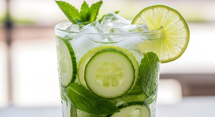 Refreshing Cucumber Mint Lime Drink with Ice in Glass.