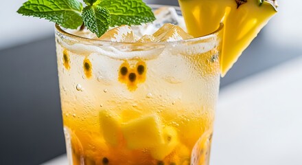 Refreshing Tropical Passion Fruit and Pineapple Cocktail with Mint Garnish.