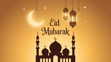 Islamic eid mubarak celebration with mosque crescent moon and lanterns