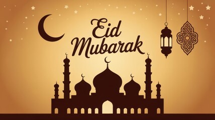Islamic eid mubarak celebration with mosque crescent moon and lanterns
