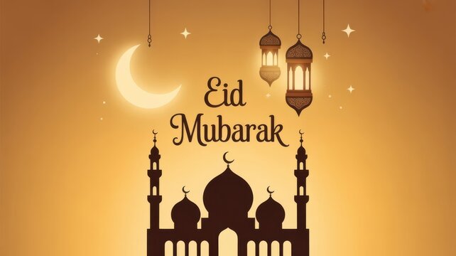 Islamic eid mubarak celebration with mosque crescent moon and lanterns