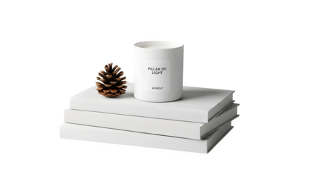 Candle on books with pine cone  isolated on transparent background