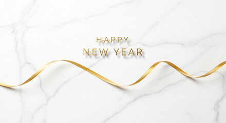 Celebrate new beginnings with elegant gold ribbon and a sophisticated 'Happy New Year' greeting on a marble background