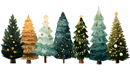 Decorative Christmas trees collection in hand-drawn style with lights and baubles isolated on white background