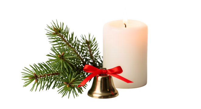 Burning candle with bell and fir branches  isolated on transparent background - Powered by Adobe