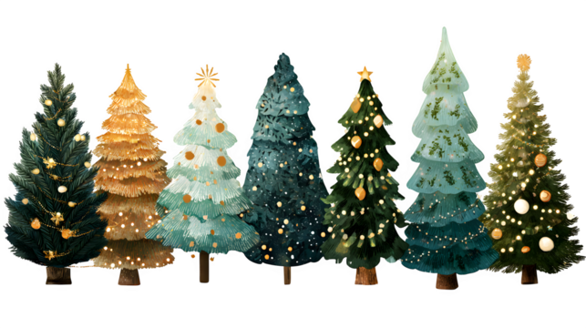 Decorative Christmas trees collection in hand-drawn style with lights and baubles isolated on white background
