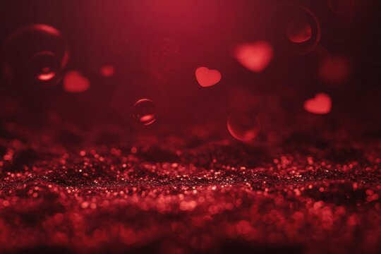 Abstract red glitter background with bokeh lights and heart shapes - Powered by Adobe