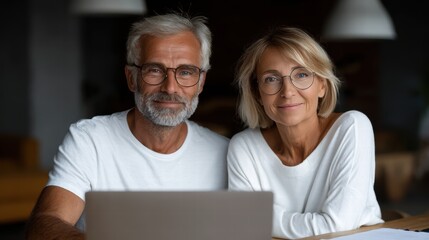 senior couple sitting together with laptop