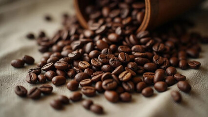 Fototapeta premium Coffee beans on linen tablecloth. 