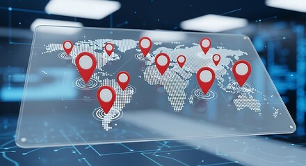 Dynamic world map display with glowing red location pins signifies global connectivity and strategic business planning in modern digital space