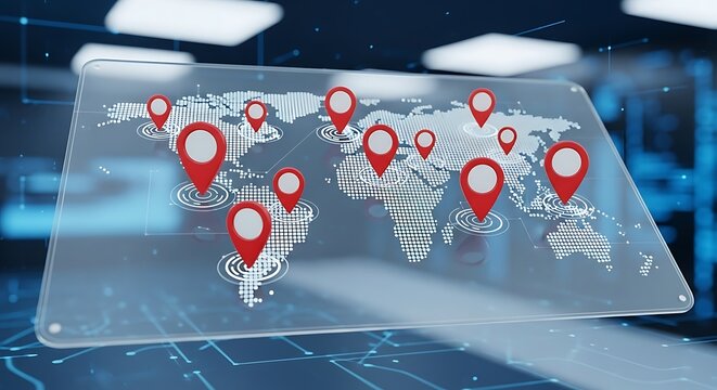 Dynamic world map display with glowing red location pins signifies global connectivity and strategic business planning in modern digital space