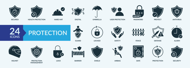 Protection thin icon set containing lock, barrier, umbrella, guard, shield