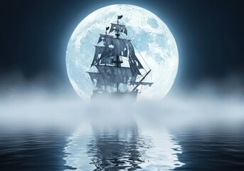 A haunted pirate ship sails across a misty ocean under a large, glowing full moon
