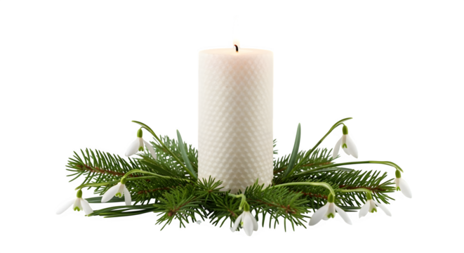Candle with snowdrop and fir branch for decor isolated on transparent background