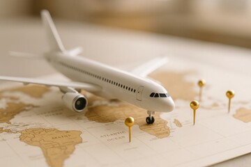 Air Travel Adventure: A miniature airplane rests on a detailed map, adorned with golden pushpins. The scene embodies the spirit of exploration and the allure of distant lands. 