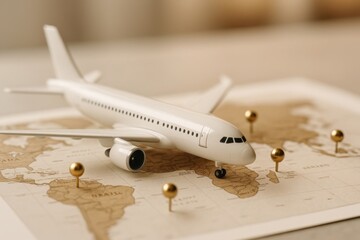 Air Travel Planning: A miniature airplane rests on a detailed world map, adorned with pins, symbolizing a journey planned, waiting, or completed.