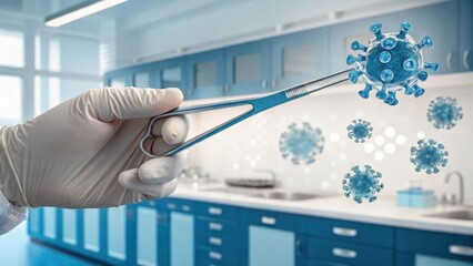 Scientist holding a virus sample with tweezers in a laboratory