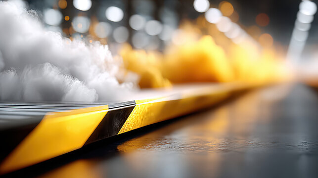 Industrial factory floor with automated conveyor system and blurred robotic components creating dynamic motion effect