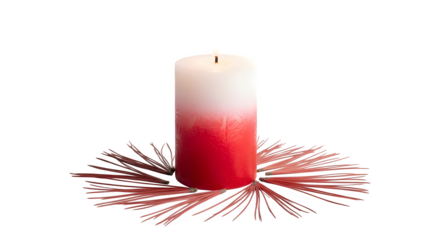 Red and white candle with pine needles isolated on transparent background