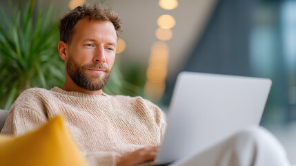Man in casual attire focused on working on a laptop indoors with soft lighting and plant in the background.